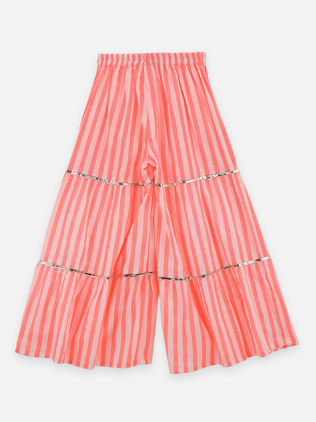 1 Yellow Orange pompom flora printed strappy kurti with sharara set