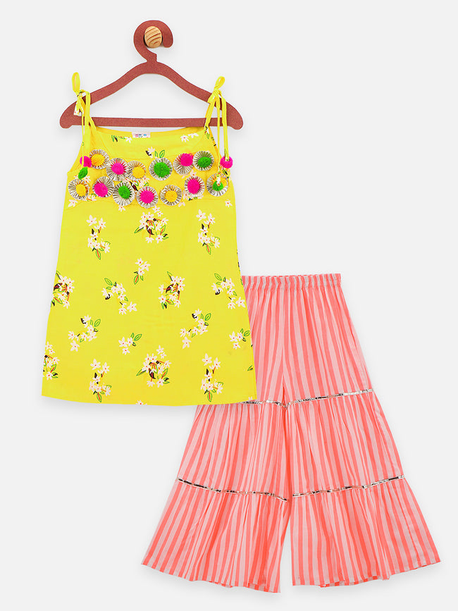 1 Yellow Orange pompom flora printed strappy kurti with sharara set