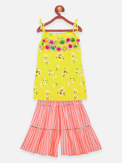 1 Yellow Orange pompom flora printed strappy kurti with sharara set