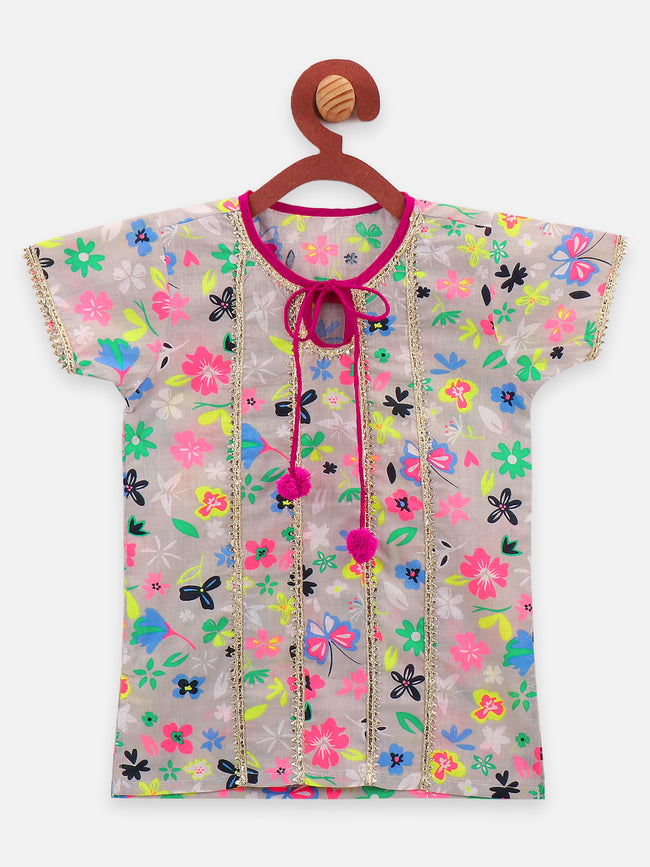 8 Multi Colour floral printed Gota pom pom kurti with sharara set