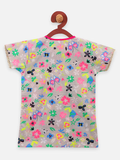 8 Multi Colour floral printed Gota pom pom kurti with sharara set