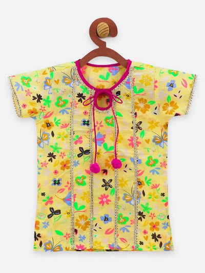 11 Yellow flora printed gota pompom kurti with sharara set