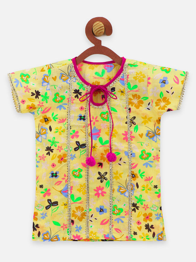 11 Yellow flora printed gota pompom kurti with sharara set