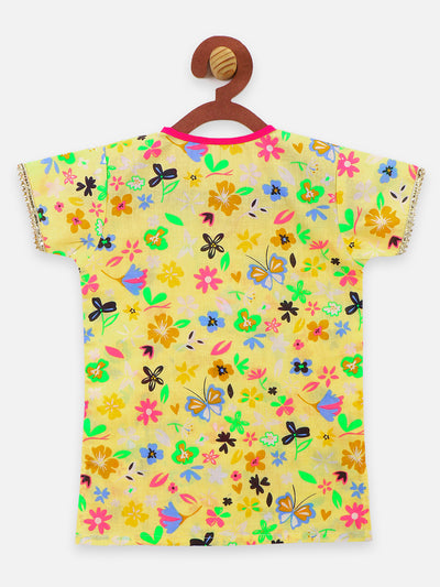 11 Yellow flora printed gota pompom kurti with sharara set