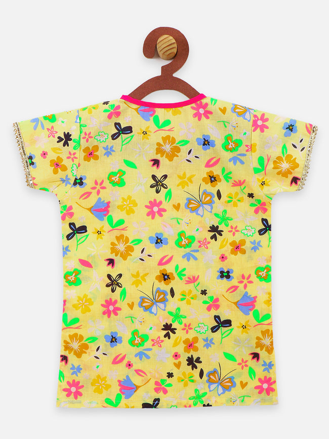 11 Yellow flora printed gota pompom kurti with sharara set