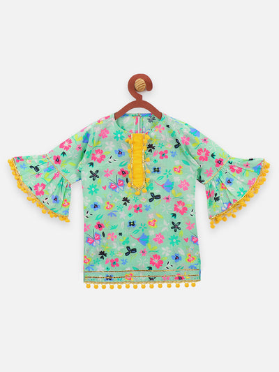 3 Green Floral Pom Pom Bell Sleeve Kurta with Salwar Set