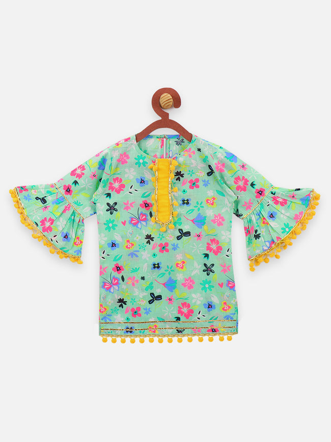3 Green Floral Pom Pom Bell Sleeve Kurta with Salwar Set