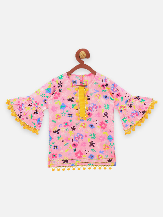 9 Pink Floral Pom Pom Bell Sleeve Kurta with Salwar Set