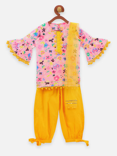 9 Pink Floral Pom Pom Bell Sleeve Kurta with Salwar Set