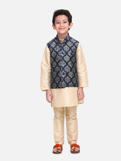 Beige Kurta Churidar with Blue Motif Digital Print Nehru Jacket