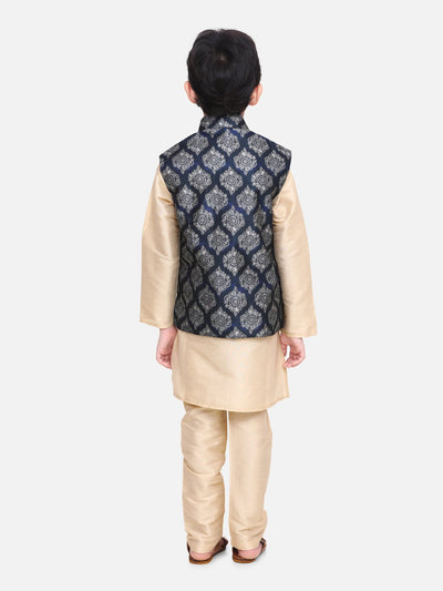 Beige Kurta Churidar with Blue Motif Digital Print Nehru Jacket