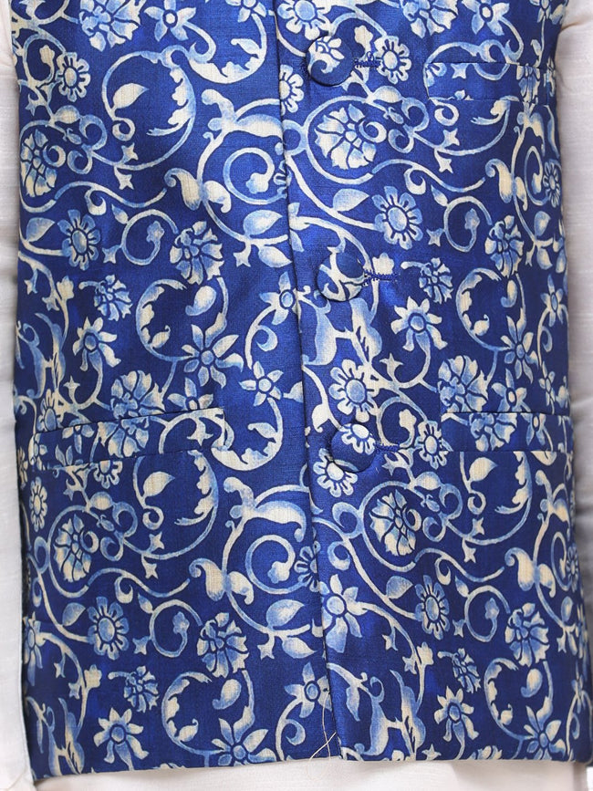 White Kurta Churidar with Elegant Blue Digital Print Nehru Jacket