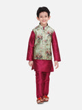 Wine Kurta Churidar with Pista Green Floral Digital Print Nehru Jacket