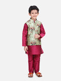 Wine Kurta Churidar with Pista Green Floral Digital Print Nehru Jacket