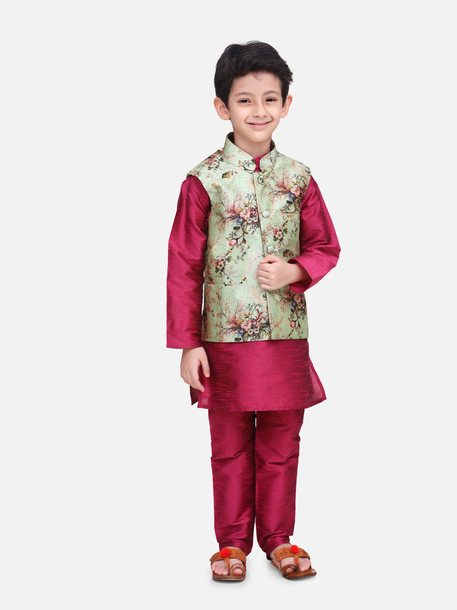 Wine Kurta Churidar with Pista Green Floral Digital Print Nehru Jacket