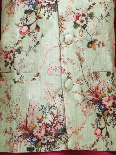 Wine Kurta Churidar with Pista Green Floral Digital Print Nehru Jacket