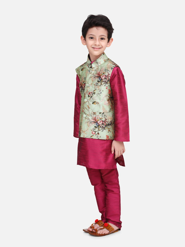 Wine Kurta Churidar with Pista Green Floral Digital Print Nehru Jacket