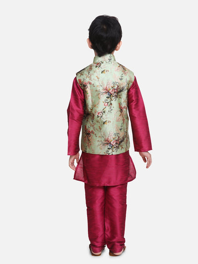 Wine Kurta Churidar with Pista Green Floral Digital Print Nehru Jacket