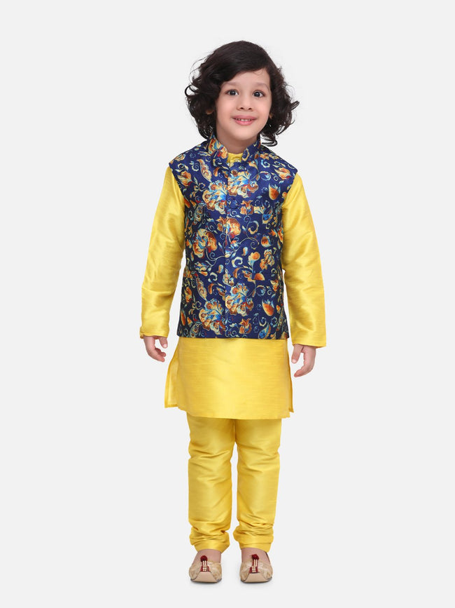 Bright Yellow Kurta Churidar with Leafy Digital Print Nehru Jacket