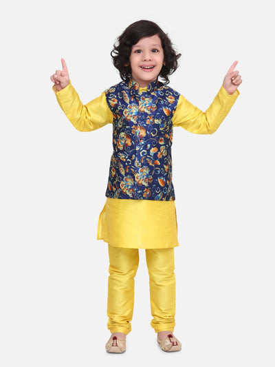Bright Yellow Kurta Churidar with Leafy Digital Print Nehru Jacket