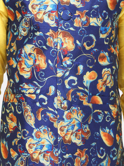 Bright Yellow Kurta Churidar with Leafy Digital Print Nehru Jacket