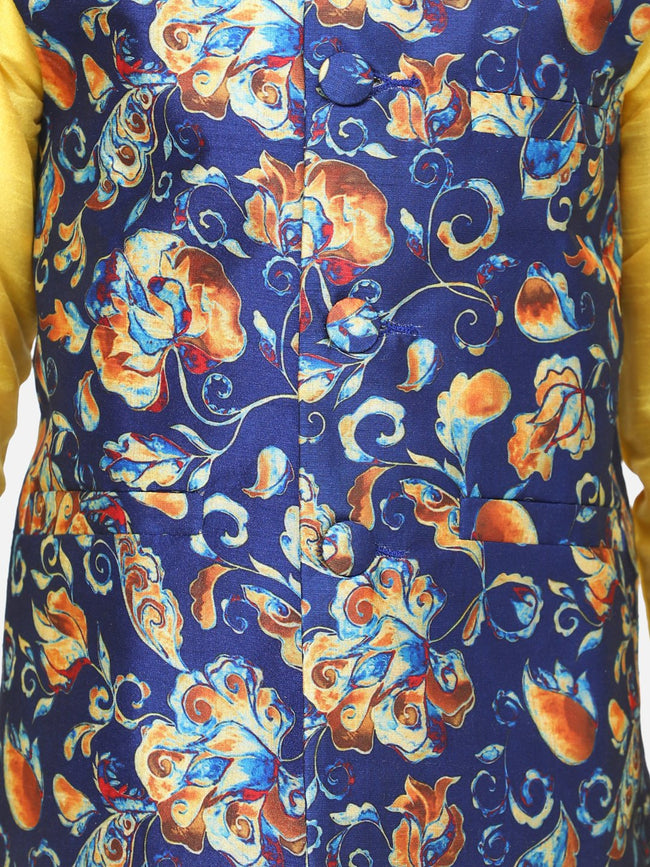 Bright Yellow Kurta Churidar with Leafy Digital Print Nehru Jacket