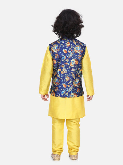 Bright Yellow Kurta Churidar with Leafy Digital Print Nehru Jacket
