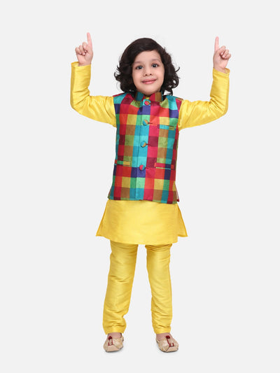 Bright Yellow Kurta Churidar with Colourful Digital Print Nehru Jacket