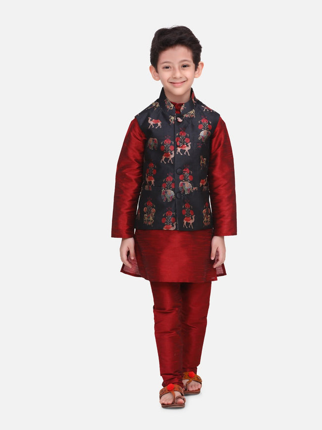 Maroon Kurta Churidar with Royal Motif Digital Print Nehru Jacket