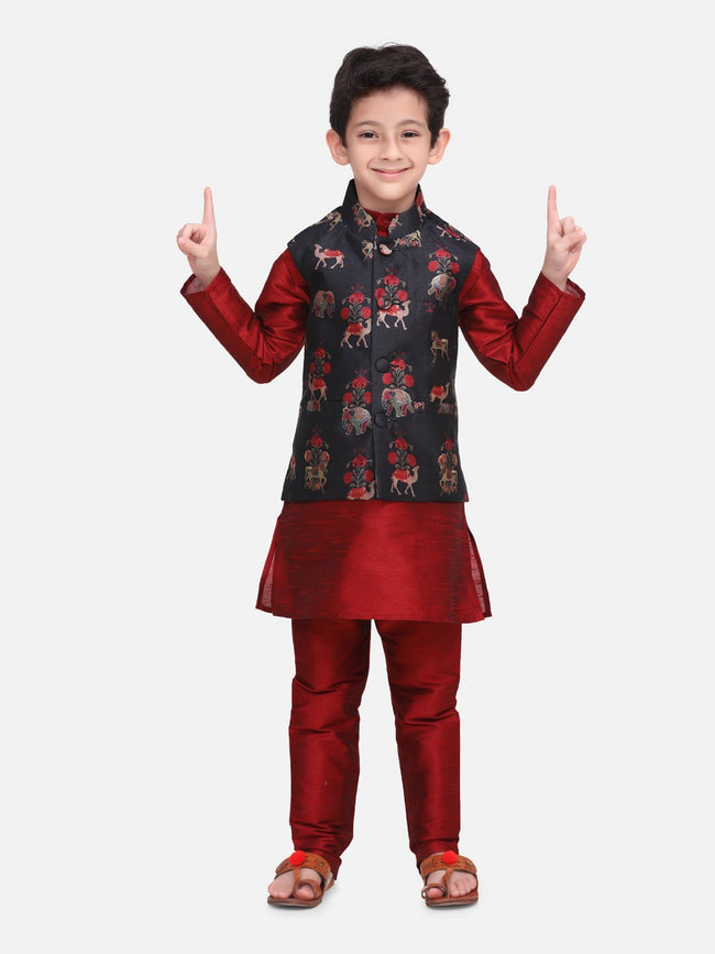 Maroon Kurta Churidar with Royal Motif Digital Print Nehru Jacket
