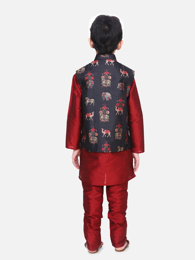 Maroon Kurta Churidar with Royal Motif Digital Print Nehru Jacket