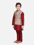 Maroon Kurta Churidar with Golden Designer Digital Print Nehru Jacket
