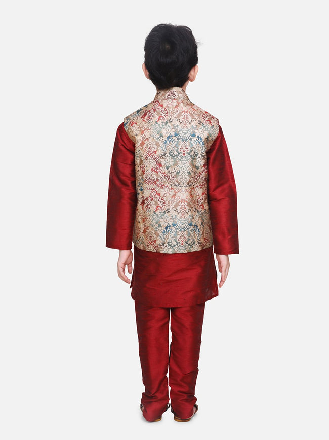 Maroon Kurta Churidar with Golden Designer Digital Print Nehru Jacket