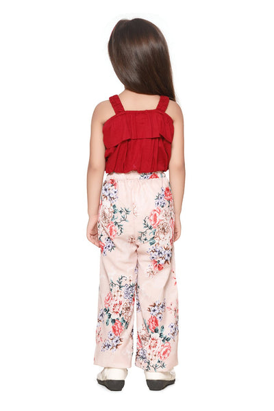 Sleeveless Maroon Crop top And Floral Palazzo Set