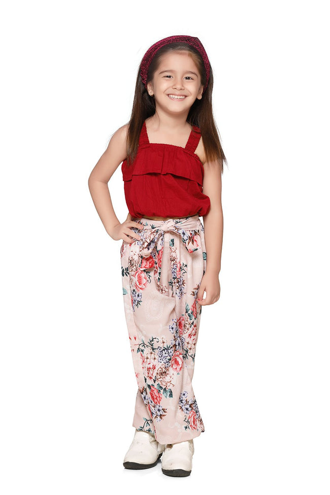 Sleeveless Maroon Crop top And Floral Palazzo Set