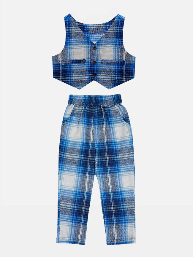 Lilpicks Blue Check Waistcoat with Pant Set