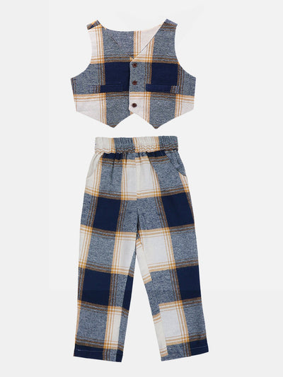 Lilpicks Dark Blue Check Waistcoat with Pant Set