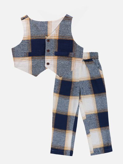 Lilpicks Dark Blue Check Waistcoat with Pant Set