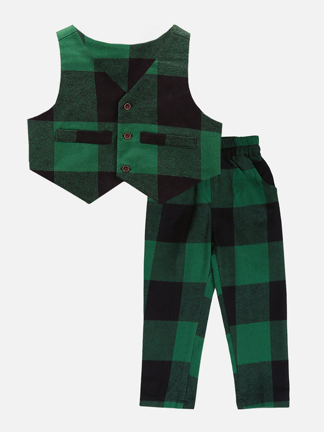 Lilpicks Green Check Waistcoat with Pant Set