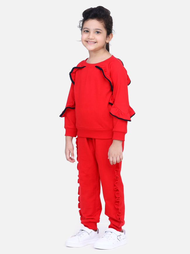 Red French Terry Full Sleeve Ruffles SweatShirt With Jogger