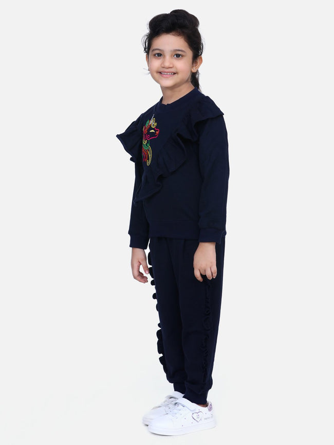 Navy French Terry Full Sleeve Unicorn SweatShirt With Jogger