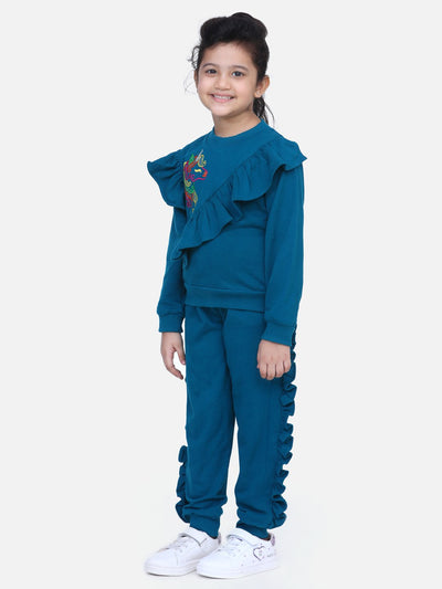 Teal French Terry Full Sleeve Unicorn SweatShirt With Jogger
