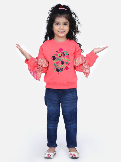 Coral French Terry Floral Embroidered Full Sleeve SweatShirt