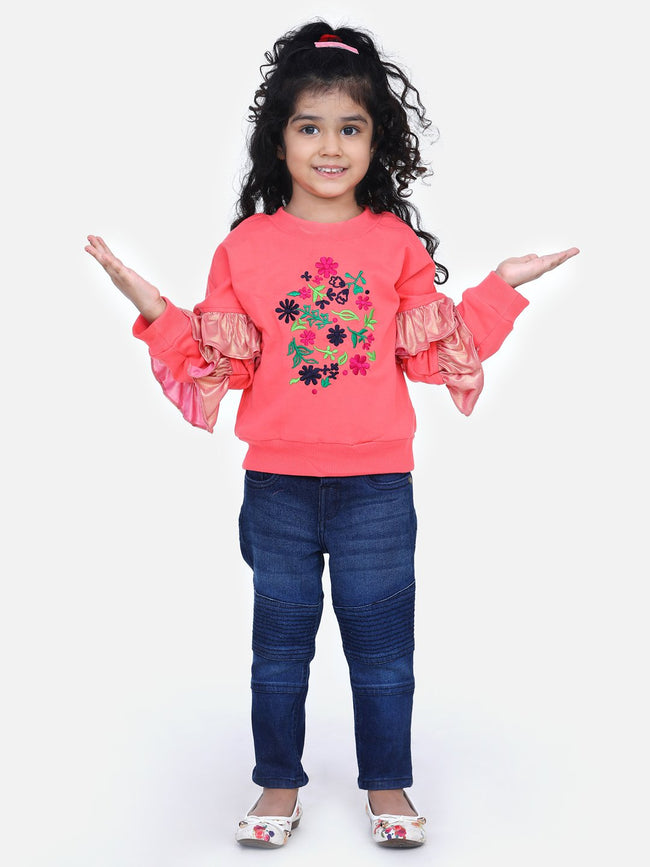 Coral French Terry Floral Embroidered Full Sleeve SweatShirt