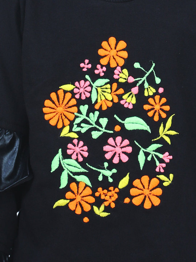 Black Printed French Terry Embroidered Full Sleeve SweatShirt