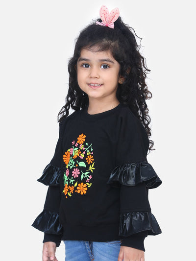 Black Printed French Terry Embroidered Full Sleeve SweatShirt