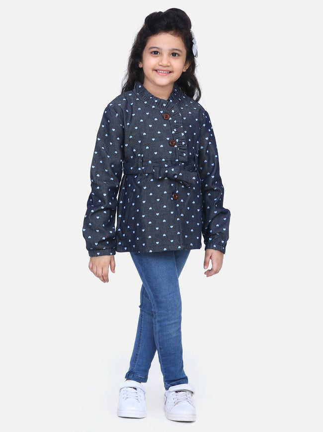 Denim Heart Print Belted Coat