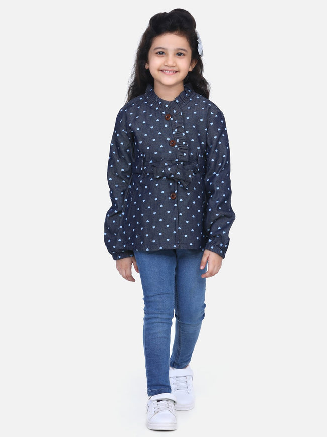 Denim Heart Print Belted Coat