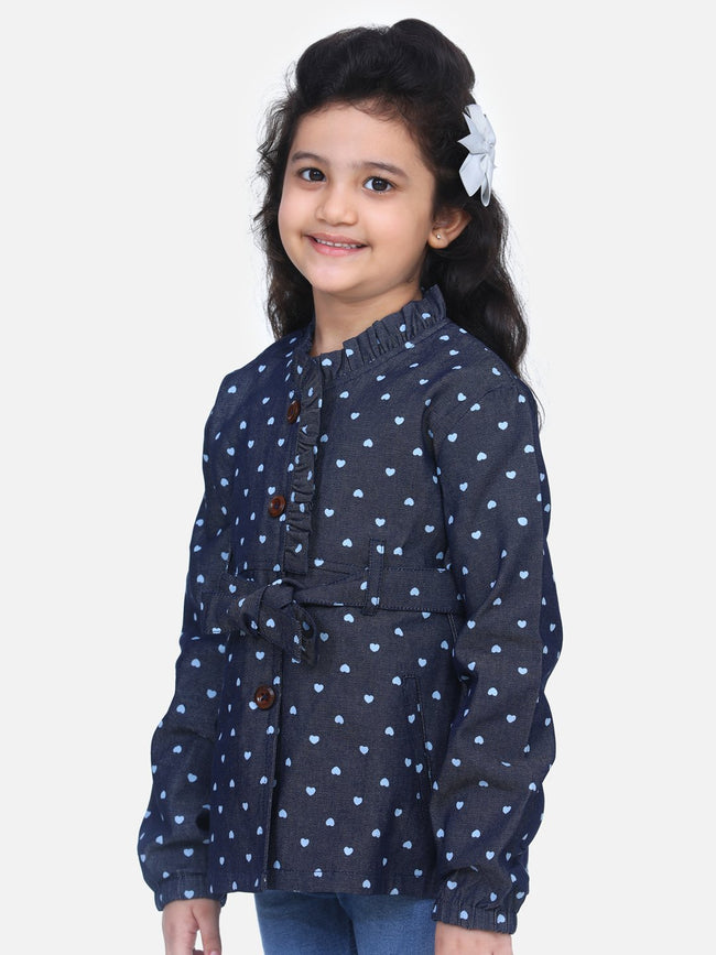 Denim Heart Print Belted Coat