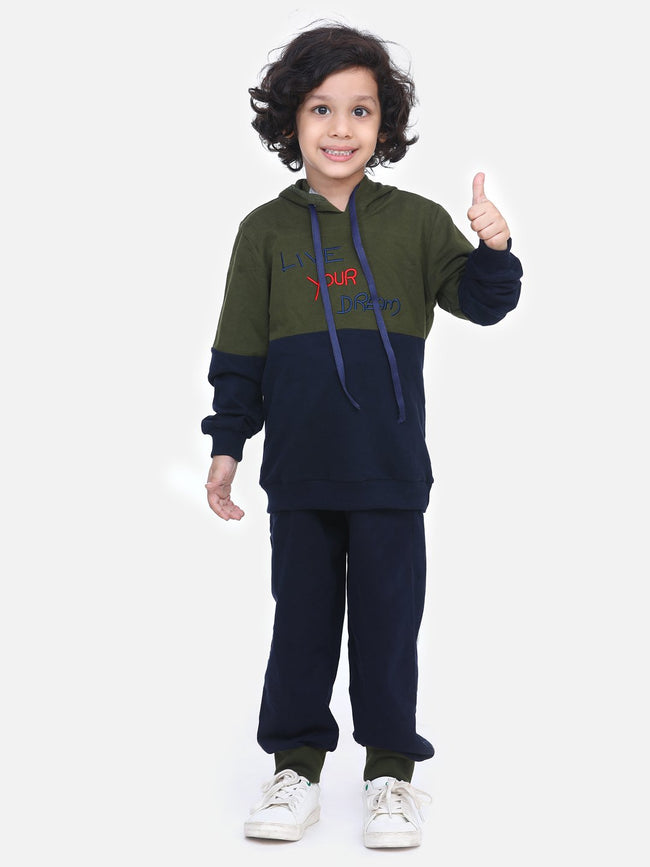 Olive Green Colorblock French Terry Full Sleeve SweatShirt With Jogger